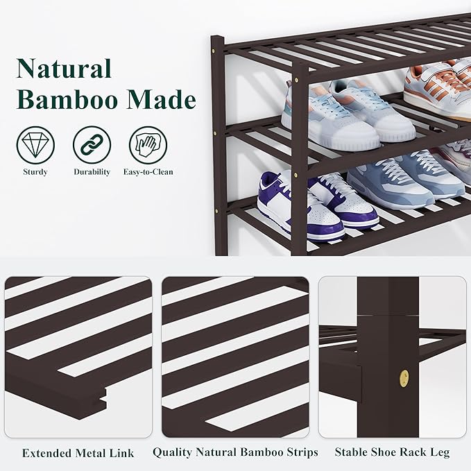 Smiry Bamboo Shoe Rack, 3 Tier Free Standing Wooden Shoe Organizer, Stackable Wood Shoe Storage Shelf for Closet, Entryway, 14 Vertical Slats, 2+1 Stack Heavy-Duty Legs, 26.8"x11"x19.5", Brown