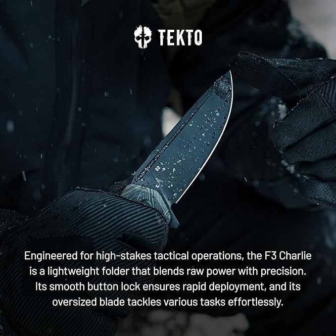 F3 Charlie Button Lock Folding Knife, Oversized Fine Edge Blade, Tactical Damascus G10 Handle - Easy Open Pocket Knife with Titanium Coated D2 Steel & Black Titanium Barrel Spacers