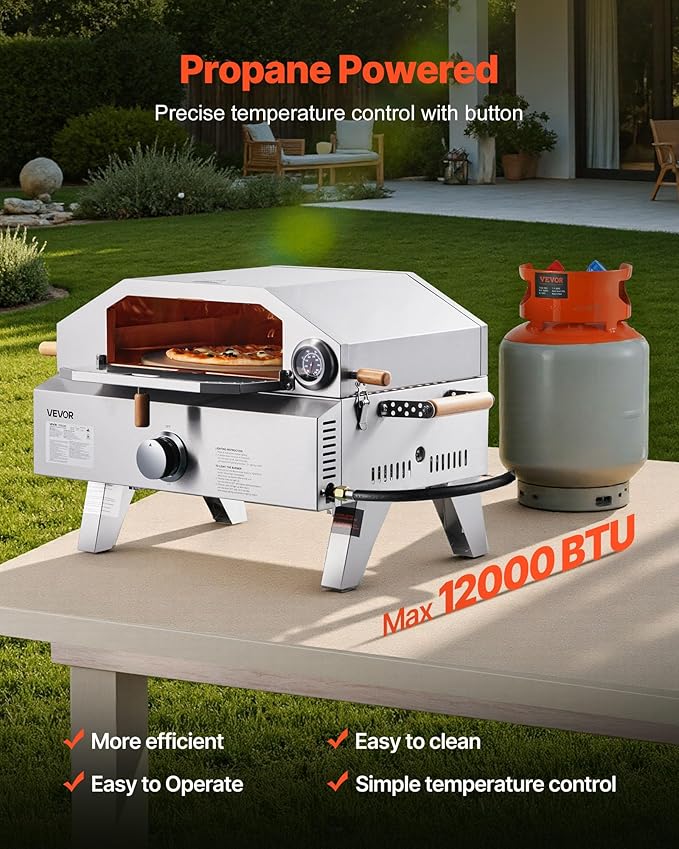 VEVOR 2 IN 1 Outdoor Pizza Oven, 13 in Propane Pizza Oven & Grill, 12,000 BTU Tabletop Propane Gas Oven with Pizza-Stone, Thermometer, Stainless Steel Portable Grill, for Camping & Backyard
