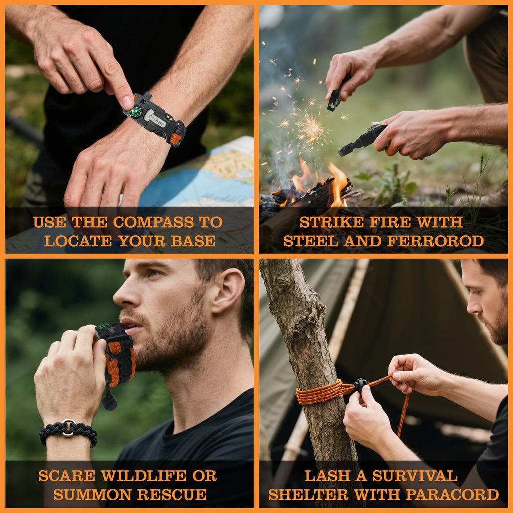 NVioAsport Paracord Survival Bracelet (3 Pack) - Adjustable with Fire Starter, Whistle, Compass - Survival Gear for Hiking, Camping, Fishing, Gifts for Men Dad Husband