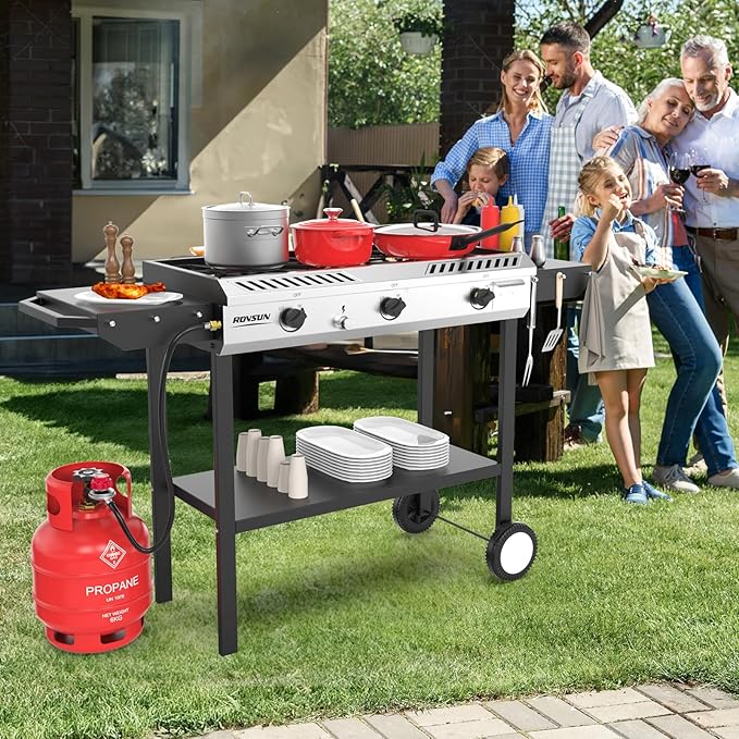 ROVSUN 3 Burner Outdoor Propane Gas Stove with Ignition, Regulator & Side Shelves, 225,000 BTU Rolling Gas Stove Outdoor Cooker for Backyard Patio Cooking Home Camping Brewing Canning Turkey Frying