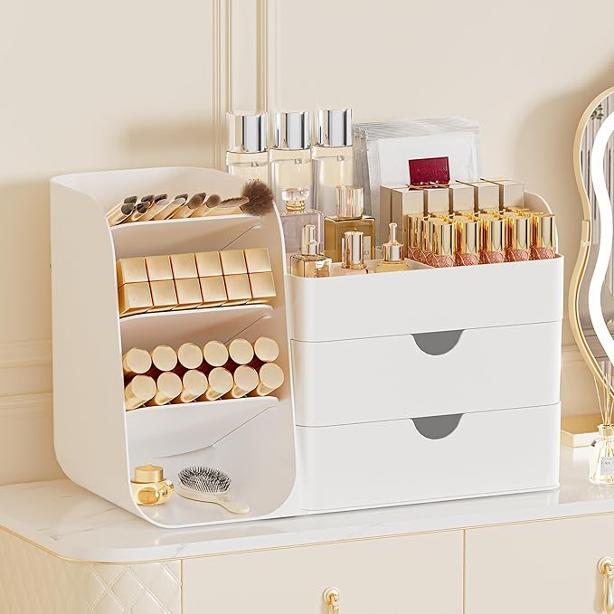 Makeup Organizer with 2 M Drawers & Brush Holders - Cosmetic Storage Case for Vanity, Bathroom Countertop & Desk - Skincare & Office Supplies Organizer (All White, M)