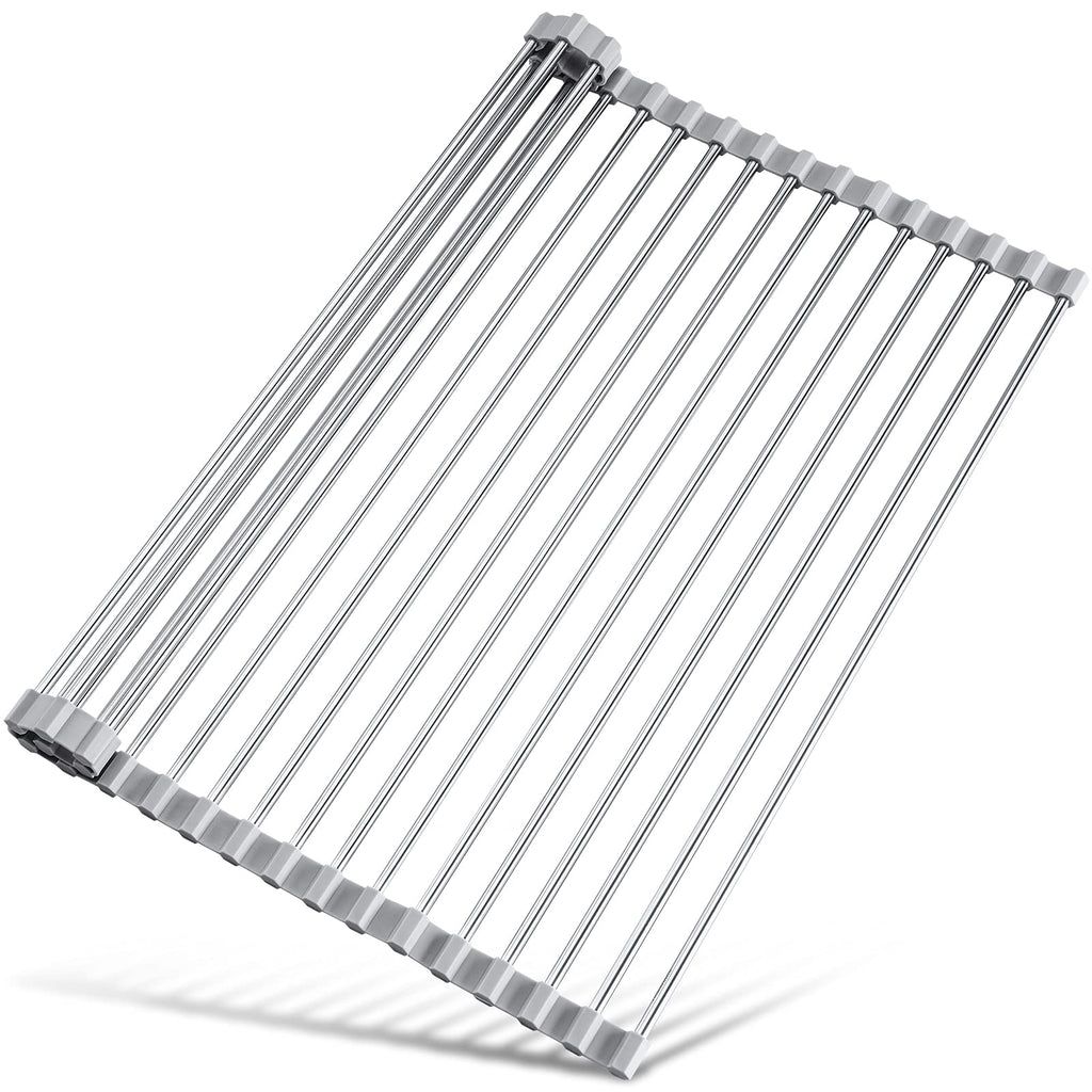 17.7" x 15.5" Roll Up Dish Drying Rack Over Sink Drying Rack Sink Cover Kitchen Sink Accessories Gadget Multipurpose Organizer Foldable Stainless Steel Drainer