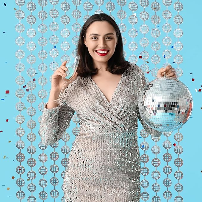 BRAVESHINE Hanging Balls Party Streamers Backdrop - 2 Pack Silver Tinsel Foil Curtain Photo Fringe Backdrop for 70s 80s Party, Birthdays, Bachelorette, Engagement, Music, Dance,New Years Decorations