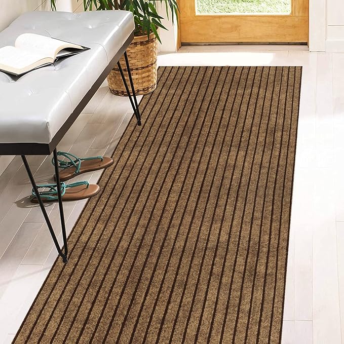 3' x 47' Runner Rugs with Rubber Backing, Indoor Outdoor Utility Carpet Runner Rugs, Stripe Brown, Can Be Used as Aisle for The RV and Boat, Laundry Room and Balcony