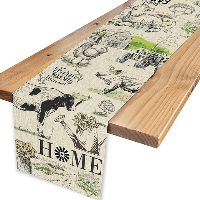 Farmhouse Cow Table Runner, Rustic Rooster Chicken Pig Floral Leaves Animals Spring Coffee Table Center Decor for Family Kitchen Dining and Outdoor Country Holiday Party Table Decorations, 13"x72"