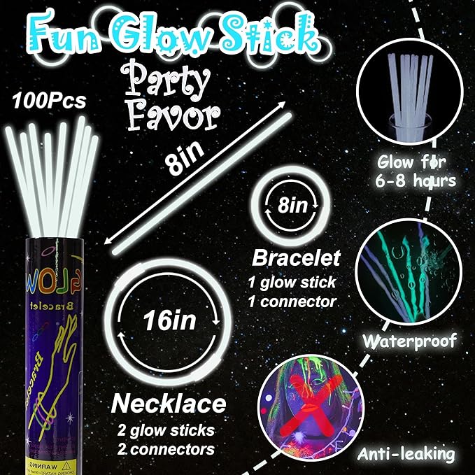 100 pk 8" White Glow Sticks Bulk Party Favors, Light up Glow Necklaces & Bracelets in the Dark Party Supplies For Christmas Halloween 4th of July Birthday Neon Party (100 * White)
