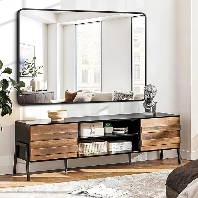 FORBATH Large Bathroom Mirror 48 x 36 Inches，Black Large Wall Mirror Aluminum Frame Wall Mounted Rounded Corner Morndern Mirror for Bathroom Bedroom Entryway Living Room