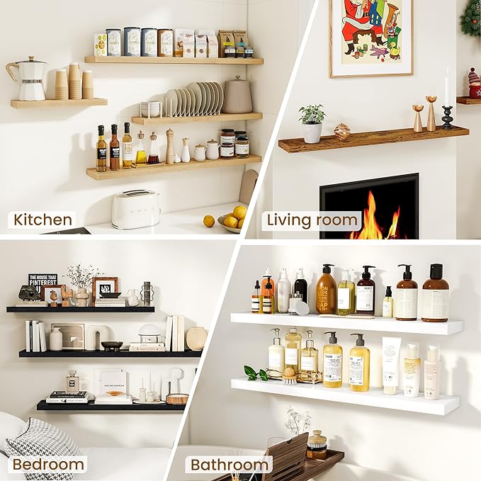 Dreamland Floating Shelves, Rustic Wooden Black Wall Shelves for Bathroom|Bedroom|Kitchen, Deep Wall Mounted Book Shelf, Wood Storage Display Shelf for Home Decor, 22.5" X 6.7" Set of 2