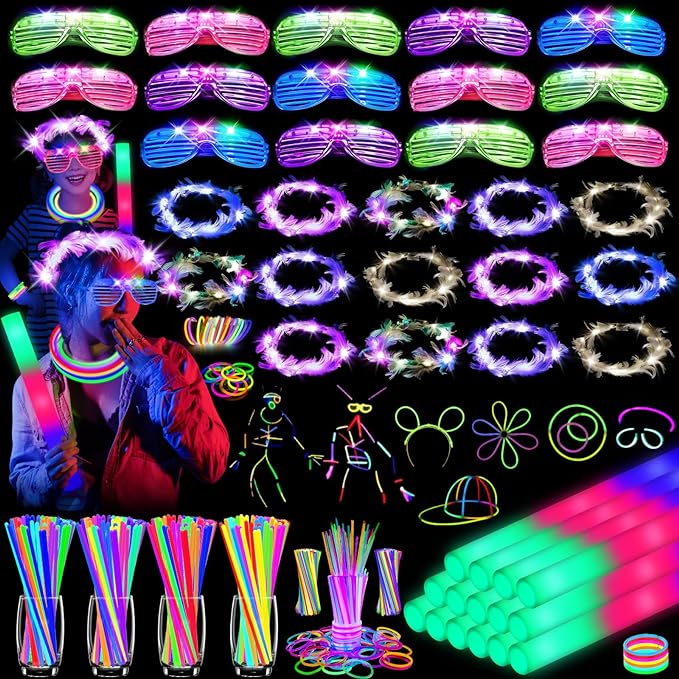 142 PCS Glow in the Dark Party Supplies, 14PCS Foam Glow Sticks, 14PCS Light Up Headband,14PCS LED Glasses and 100PCS Glow Sticks Bracelets,for Glow Party, New Year, Wedding, Concert, Birthday