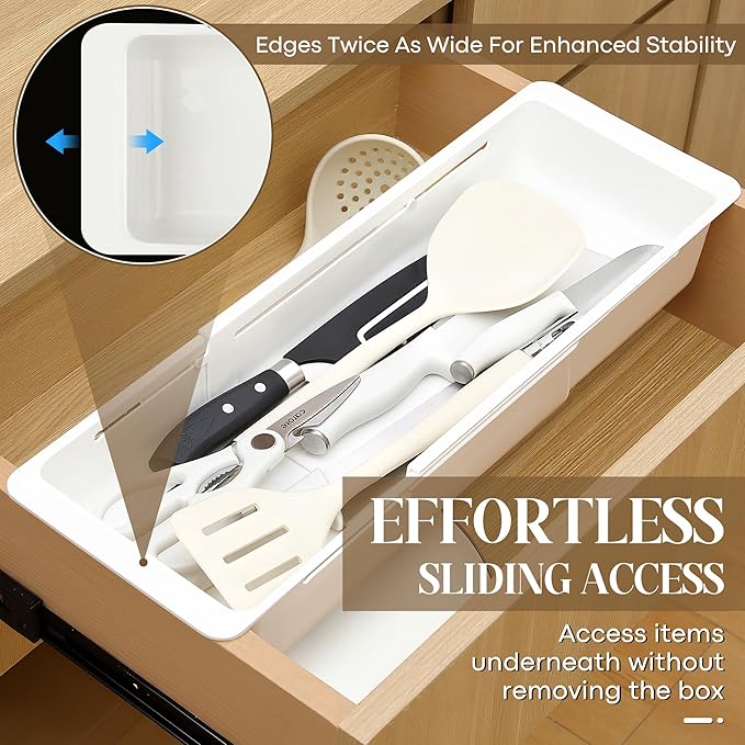 1 Pack Deep Drawer Organizer Bins, Sliding Drawer Organizer Bin Expandable and Adjustable Tray for Kitchen Utensils, Towels, BBQ Tools, Durable Plastic Sliding for Easy Storage (17.4-27.6")