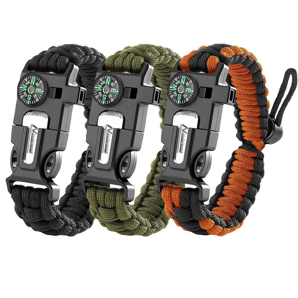 NVioAsport Paracord Survival Bracelet (3 Pack) - Adjustable with Fire Starter, Whistle, Compass - Survival Gear for Hiking, Camping, Fishing, Gifts for Men Dad Husband