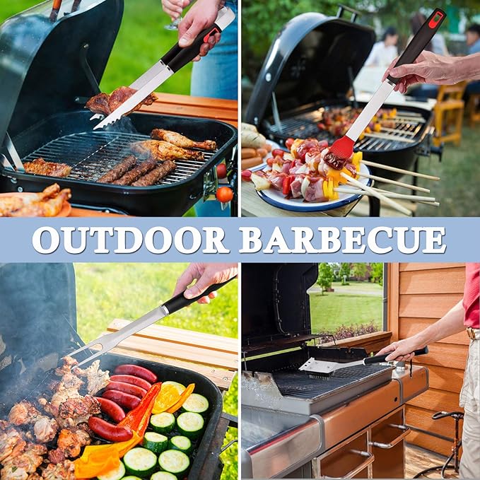 HaSteeL BBQ Grill Accessories Set of 7, Stainless Steel Grilling Tools Set with Storage Bag, Heavy Duty Grill Spatula, Tong, Fork, Basting Brush, Cleaning Brush, Dishwasher Safe & Man’s Gift