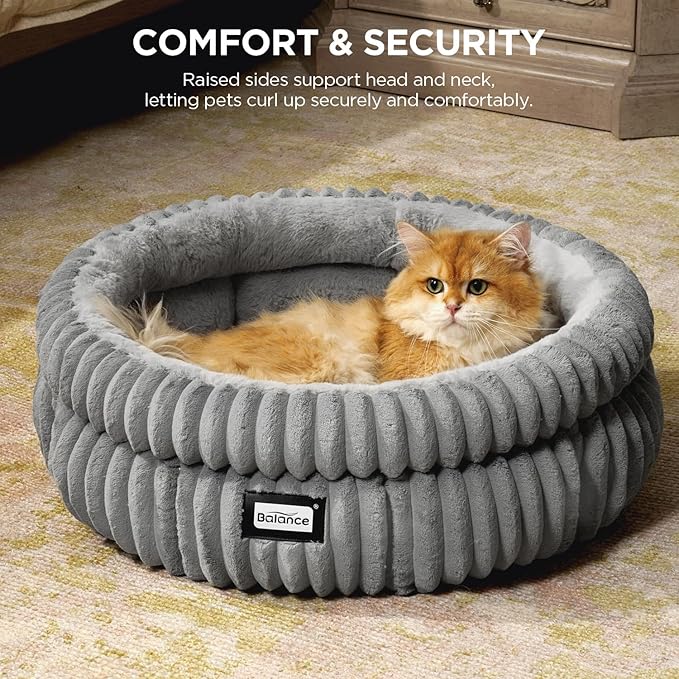 BALANCE Cat Bed Kitten Bed, Washable Round Cat Beds for Indoor Cats,Super Soft Plush Faux Fur Pet Bed for Puppy and Kitten with Anti-Slip Bottom