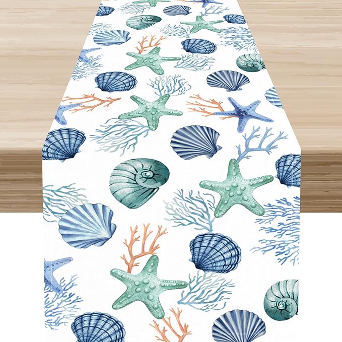 Nautical Table Runner, Summer Coastal Starfish Seashells Coral Tropical Ocean Beach Blue Farmhouse Coffee Table Center Decor for Home Kitchen Dining Patio Indoor Outdoor Table Decorations, 13"x108"