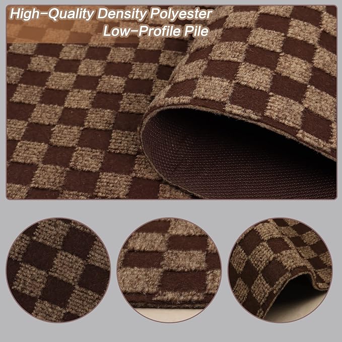 3' x 80' Runner Rugs with Rubber Backing, Indoor Outdoor Utility Carpet Runner Rugs, Checkered Brown, Can Be Used as Aisle for The RV and Boat, Laundry Room and Balcony
