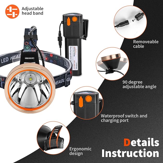 High Power Rechargeable LED Headlamp - Waterproof Adjustable Head Flashlight, Hands-Free Head Torch for Camping, Hiking, Hunting, Fishing, Emergency, Outdoor Activities, Ultra Bright Comfortable Wear