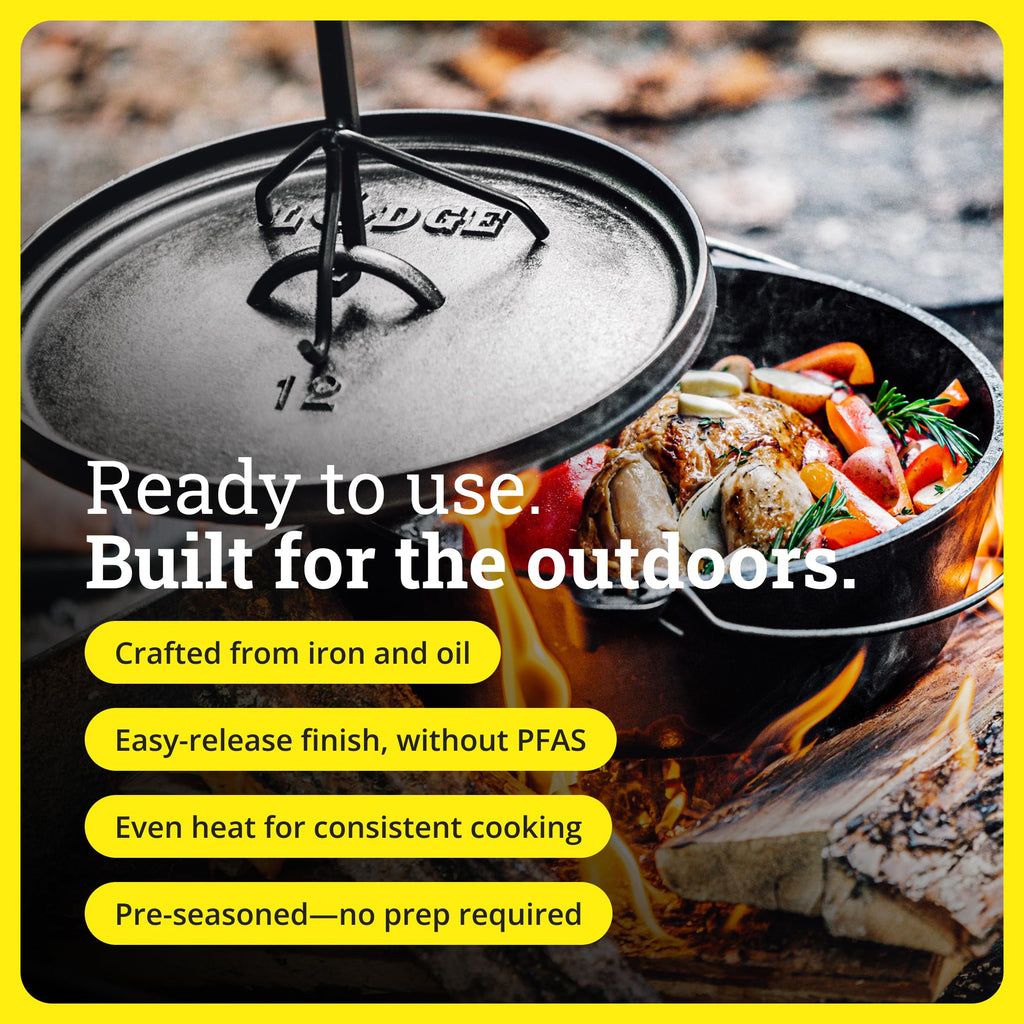 Lodge Seasoned Cast Iron Camp Dutch Oven with Lid - 6 Quart - Dual Handles - Seasoned Cast Iron Cookware with Steel Handle & Strong Lid for Heavy- Duty Camping Cookware