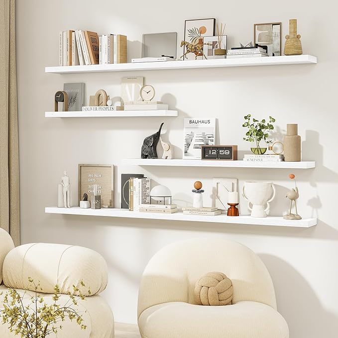 Dreamland Floating Shelves for Wall, 27.5 Inch Long Shelves, Wall Decor for Bedroom, Kitchen, Living Room & Book Storage, Mounted Floating Shelf with Invisible Brackets, Set of 2, White