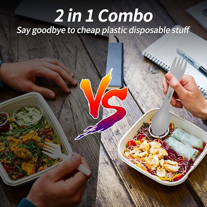 2 in 1 Titanium Spoon and Fork Combo Backpacking Utensils Lightweight Eco-Friendly Spork for Camping Backpacking Hiking Travel etc (2 Pack)