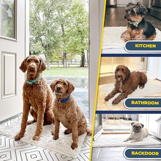 Muddy Mat® Shown on TV – Super Absorbent Microfiber Dog Door Mat for Muddy Paws, Non-Slip Washable Pet Rug, Quick Dry Chenille Entryway Carpet, Machine Washable Indoor Outdoor mat, White 30"x19"