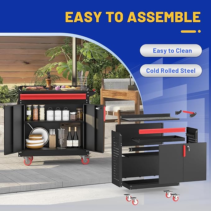 Metal Grill Cart - Outdoor Grill Cart with Storage,Grill Table with Wheels,Outdoor Bar Cart with Adjustable Shelf for Kitchen Prep and Patio BBQ