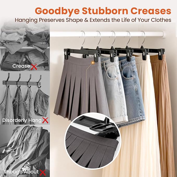HOUSE DAY 200 Pack Pants Hangers - 10 Inch Plastic Hangers with Non Slip Clips for Skirts, Jeans, Shorts, Trousers - Space Saving Clip Hangers with 360-Degree Rotating Hook