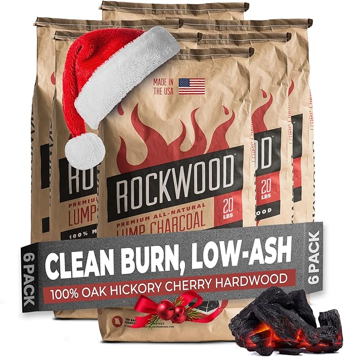 Rockwood Premium Hardwood Lump Charcoal – Oak, Hickory & Cherry Blend for Restaurant Quality Barbecue Smoking & Grilling – Smoky Flavor BBQ, Clean Burning for Kettle & Kamado Grills – 20lbs (6 Packs)