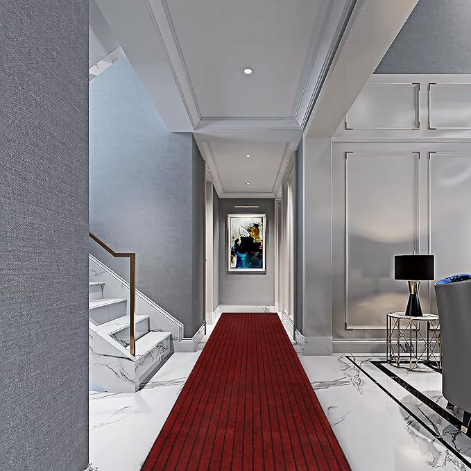 3' x 72' Runner Rugs with Rubber Backing, Indoor Outdoor Utility Carpet Runner Rugs, Stripe Red, Can Be Used as Aisle for The RV and Boat, Laundry Room and Balcony