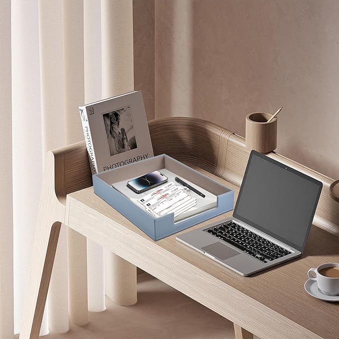 Leather Letter Tray, Office Supplies Desk Organizer for Mail Paper Files Magazines Jewelry Cosmetics,Luxury Letter Holder&Multipurpos Stackable Storage Box Office Desktop,Grey