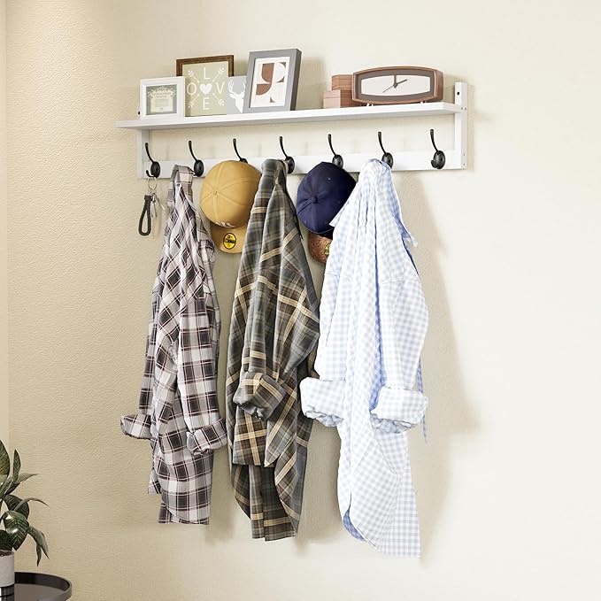 BAMEOS 35" L Wall Hooks with Shelf, Entryway Coat Hooks, Wood Wall Hanging Shelf, Wall-Mounted Coat Rack with 7 Dual Metal Hooks for Bathroom, Kitchen, Living Room, Bedroom (White)