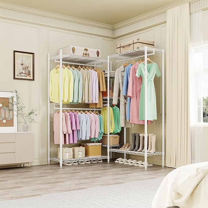 Freestanding Heavy Duty Garment Rack with Adjustable Shelves and Hanging Rods, Large 1630 Lbs Capacity Portable Closet Organizer for Bedroom or Cloakroom Storage, White