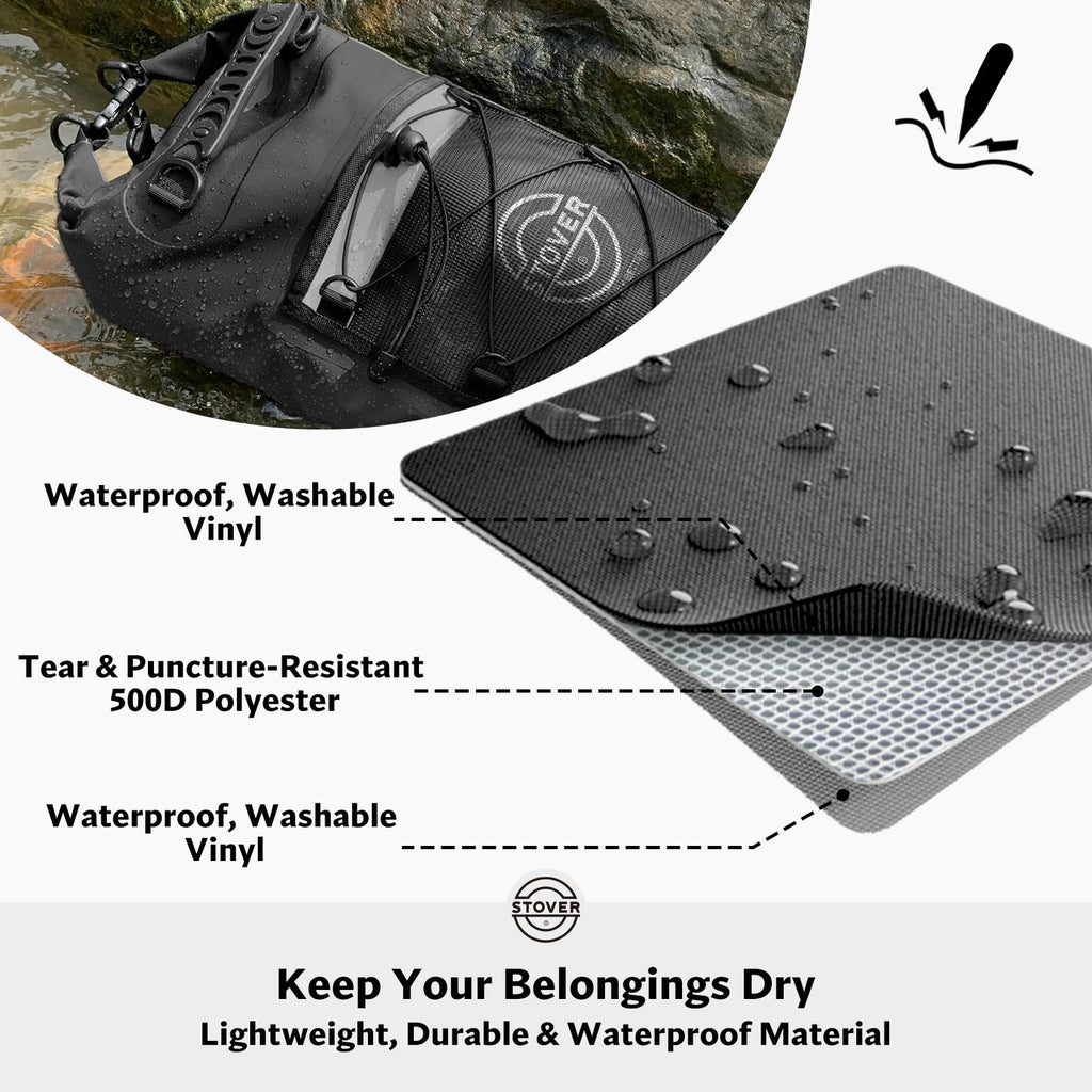 STOVER 5/10/25/30/40L Waterproof Dry Backpack & Phone Case- Large Floating Dry Bag for Kayaking, Travel, Hiking, Fishing, Camping, Motorcycles & Beach, Heavy-Duty Roll Top Men/Women (Black)
