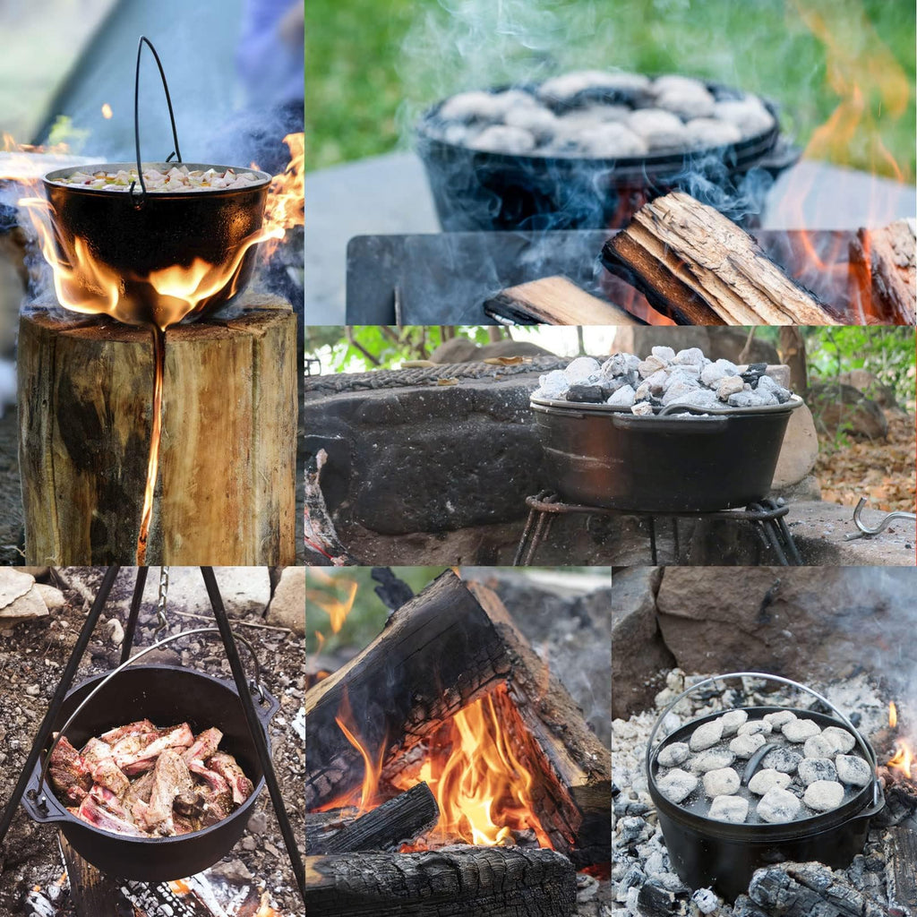 NSIRONS Camping Dutch Oven,12 Qt Pre-Seasoned Cast Iron Camp Dutch Oven Pot with Lid - Lid Lifter, Cast Iron Dutch Oven with Metal Handle for Cooking BBQ Baking Campfire Modern Black