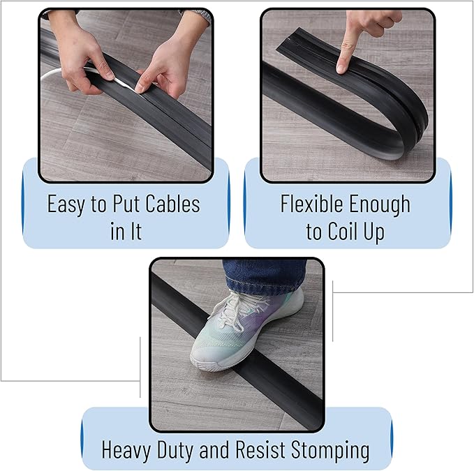 Bates- Floor Cord Cover, 8ft, Cable Cavity 0.6" (W) x 0.31" (H), Heavy Duty Wire Protector, PVC Extension Cords Hider, Protect Cords, Prevent Cable Trips, Cord Hider for Office, Home, Outdoor