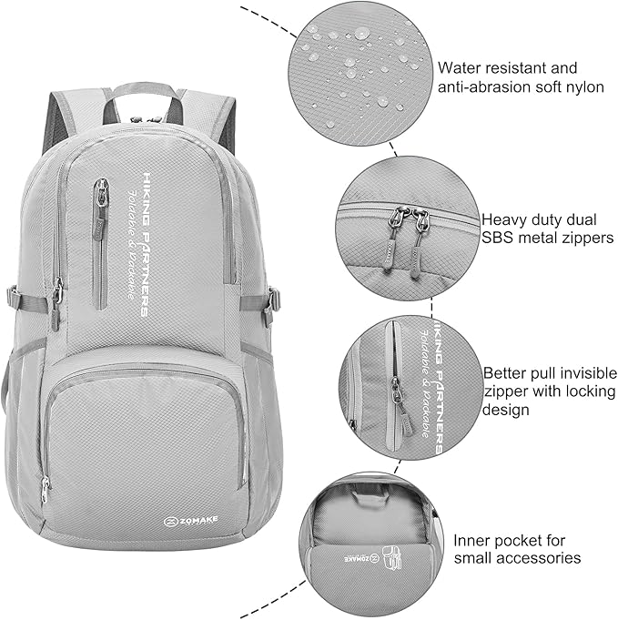 ZOMAKE Lightweight Packable Backpack, 35L Light Foldable Hiking Backpacks Water Resistant Collapsible Daypack for Travel(Sliver Grey)