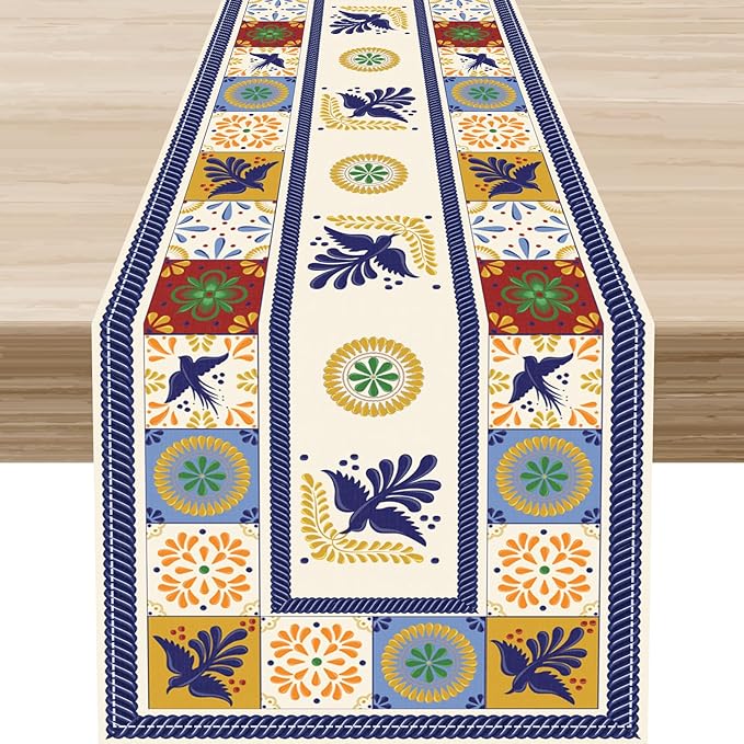 Mexican Table Runner, Blue Floral Birds Mexico Talavera Ceramic Dia De Los Muertos Coffee Table Center Decor for Family Home Kitchen and Dining Farmhouse Indoor Outdoor Table Decorations, 13" X 90"