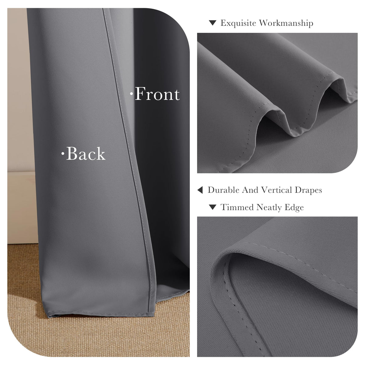 Gray Black Out Curtains 72 inch Long for Bedroom 2 Panels Set (2 Count)