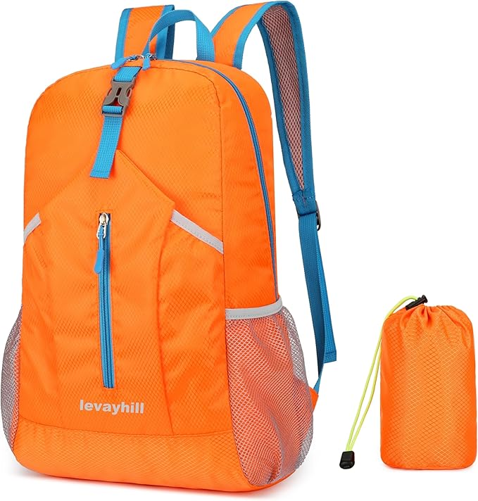 25L Foldable Hiking Backpack Lightweight Packable Basic-Daypack Collapsible Bag Water-Resistant Travel Men Women Camping Cycling Outdoor (Orange)