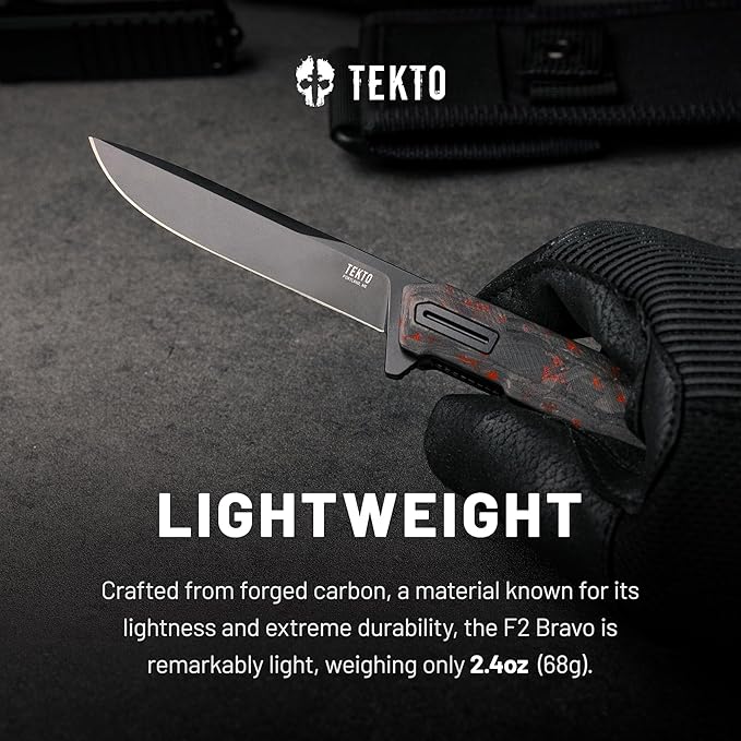 F2 Bravo Folding Pocket Knife - D2 Steel Blade, Ceramic Ball Bearings - EDC - Snap, Swift Flip for Camping - 2.4oz (68g), Forged Ember Handle, Black Titanium Accents (Tactical Patch Included)
