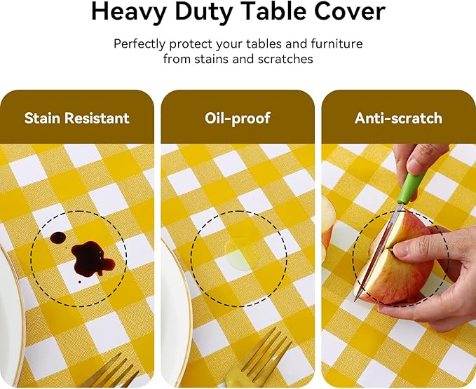 Romanstile Rectangle Vinyl Tablecloth, 100% Waterproof Buffalo Gingham Plastic Table Cloth, Heavy Duty Wipeable Checkered Table Covers for Outdoor, Camping, Picnic, Patio - 54 x 120, Yellow and White