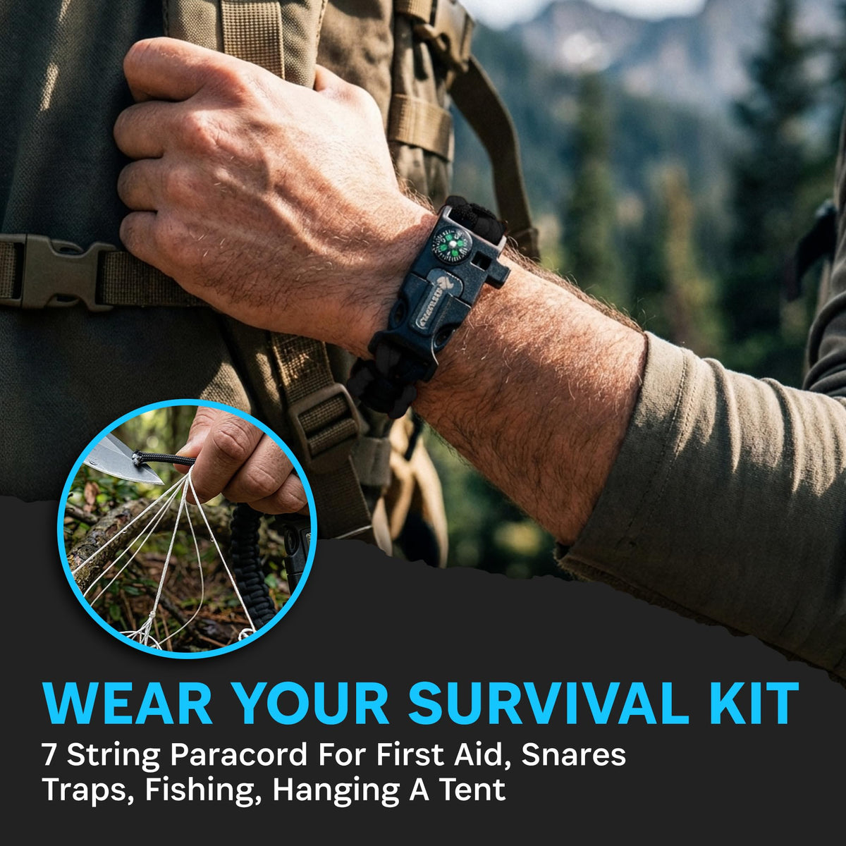 133 SUPPLY Tactical Paracord Compass Hiking Survival Bracelet Men Dad Gifts Camping Accessories Hiking Gear Women Hunting Gear Fishing Essentials Flint Steel Tool Fire Starter Kit Whistle Bear Safety