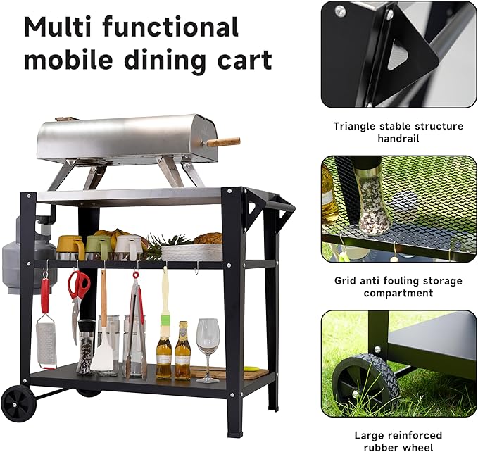 Stainless Steel Outdoor Grill Cart with Wheels, Heavy-Duty 3-Tier BBQ Prep Table for Pizza Oven, Griddle, Patio – Rustproof Commercial Kitchen Cart with Tool Hooks