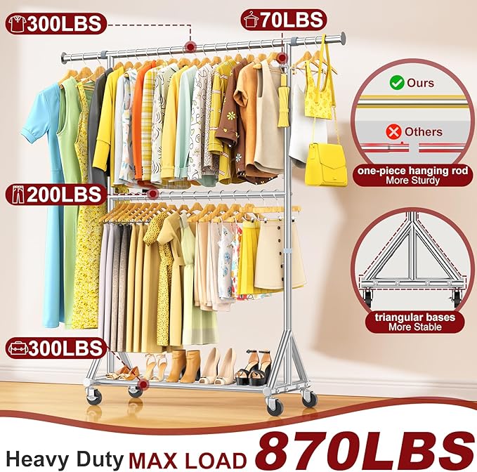 100% Stainless Steel Heavy Duty Clothes Rack Load 860LBS, Adjustable Height Double Rods Clothing Racks for Hanging Clothes, Rolling Garment Rack With Sturdy Wheels Shelf, Portable Closet Wardrobe Rack