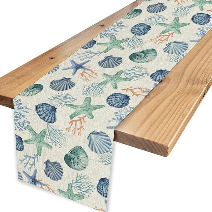 Nautical Table Runner, Summer Coastal Starfish Seashells Coral Tropical Ocean Beach Blue Farmhouse Coffee Table Center Decor for Home Kitchen Dining Patio Indoor Outdoor Table Decorations, 13"x108"