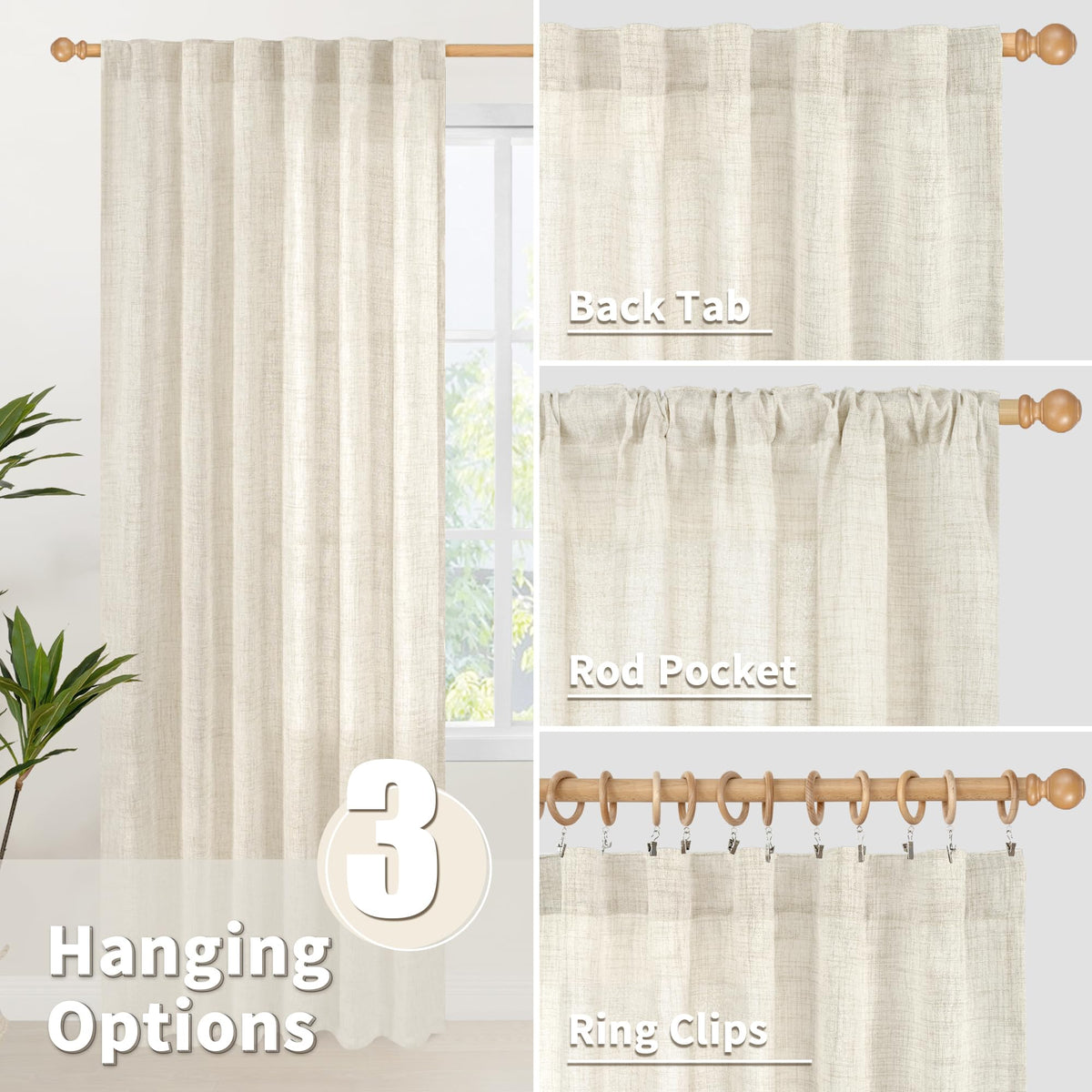 Linen Curtains 63 Inch Length for Living Room (2 Count)