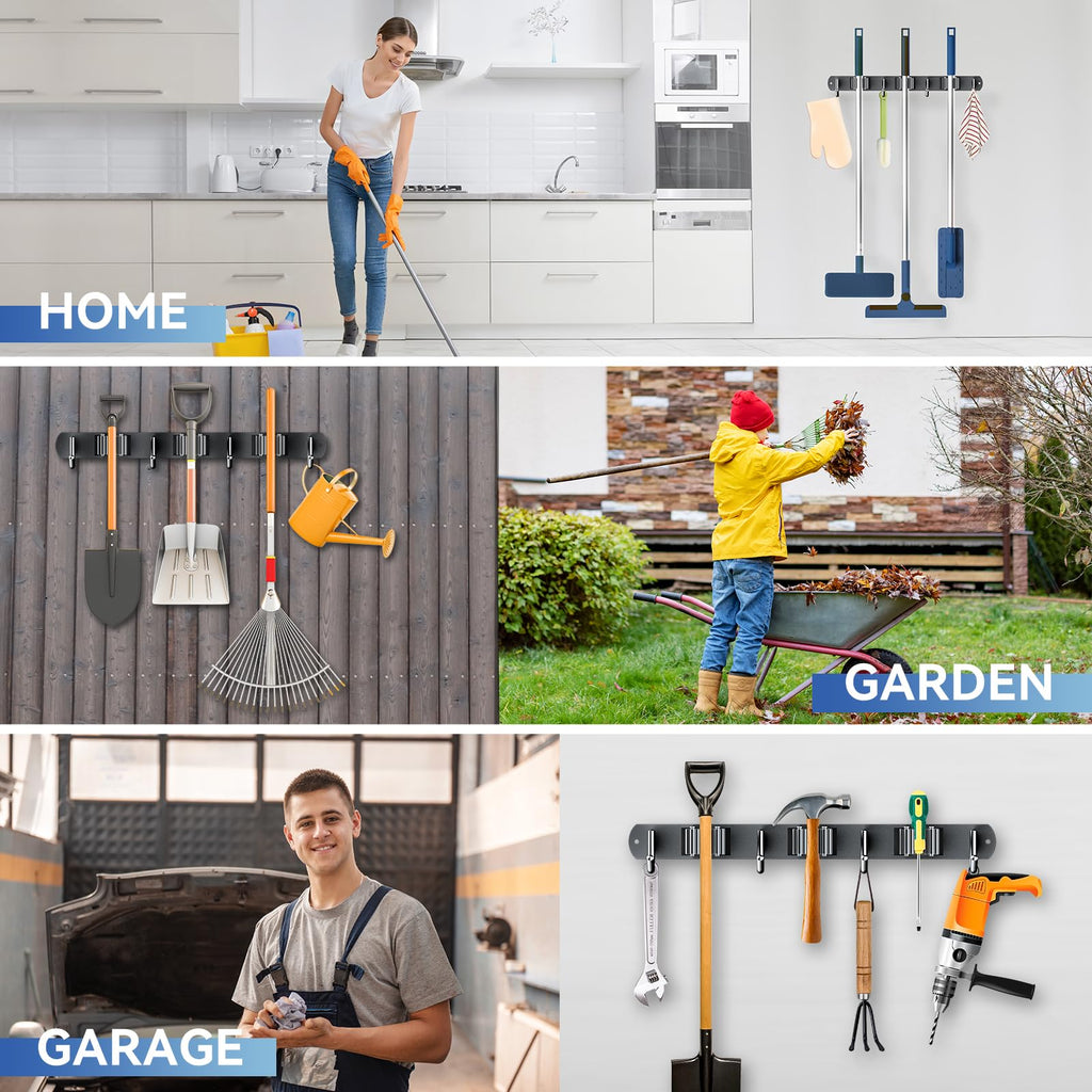 2 Pack Mop Broom Holder Wall Mount 3 Racks 4 Hooks Storage Black (2 Count)