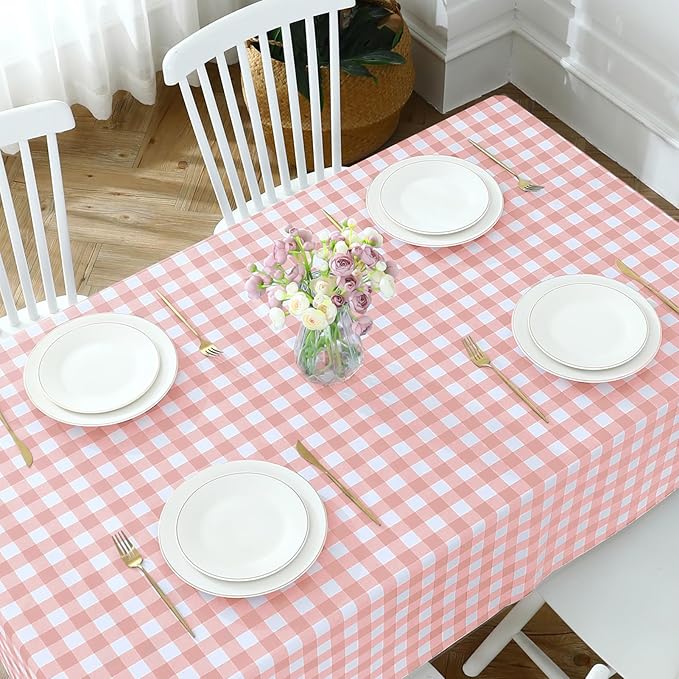Romanstile Square Vinyl Tablecloth, 100% Waterproof Checkered Plastic Table Cloth, Heavy Duty Buffalo Gingham Table Cover for Dining, Camping, Picnic, Outdoor - 54 x 54 Inch, Light Pink
