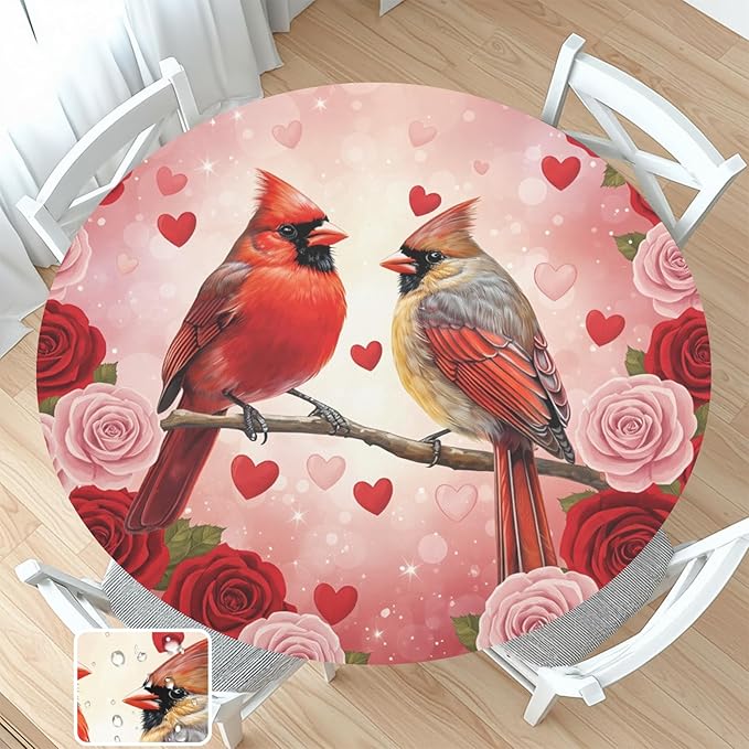 Valentines Day Round Fitted Tablecloth with Elastic Cardinal Bird Heart Circle Table Cloth for 36-40" Tables Wipeable Waterproof Washable Valentine Red Birds Table Cover for Picnic Dining Party Decor