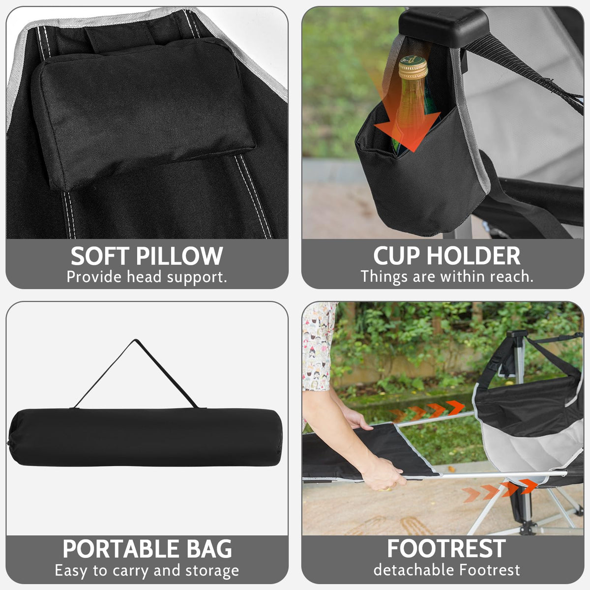 Romswi 2-Pack Aluminum Hammock Chair with Footrest, Oversized Portable Folding Swinging Chair with Adjustable Back & Seat, Lightweight Rocking Camp Chair Supports 440lbs for Outdoor, Patio - Black